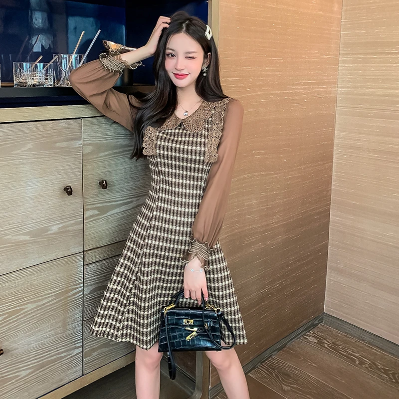 Women One Piece Dress Winter 21 New Office Lady Korea Style Fashion Long Sleeve Plaid Patchwork Zipper Dresses Traf Robe Aliexpress Women S Clothing