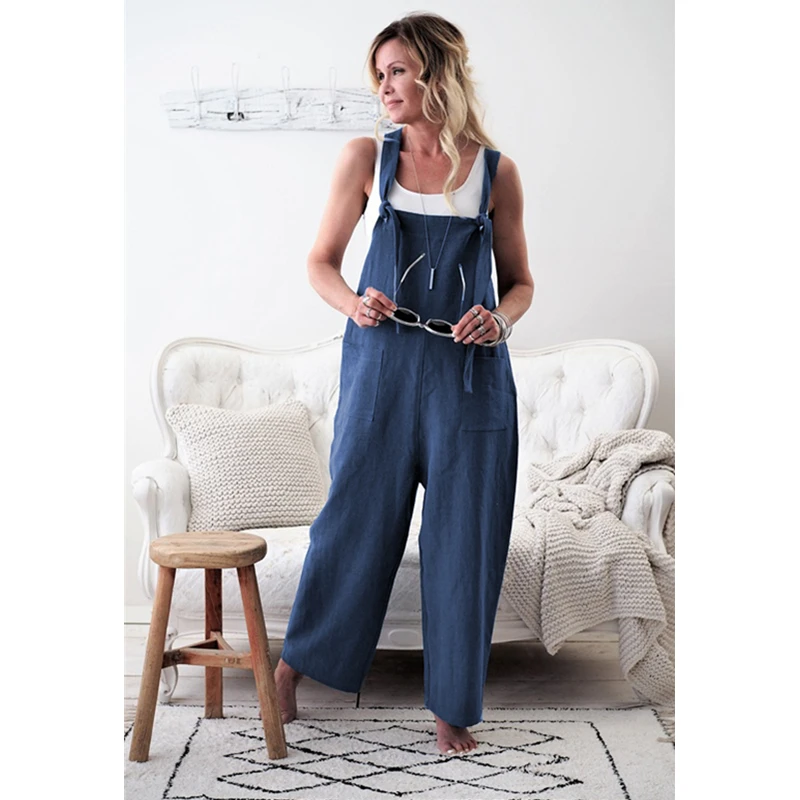 Summer Jumpsuit Cotton Linen High Quality Jumpsuit Loose Womens Jumpsuits Rompers Casual Overalls Strap Solid One Piece Romper
