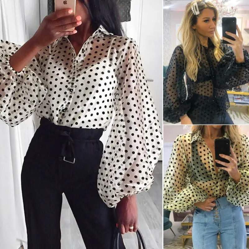 

Brand New Fashion Women Sexy V Neck Sheer Polka Dot Organza Blouse Top Puff Sleeve See Through Blouse Shirts