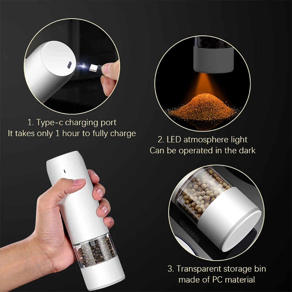 Electric Automatic pepper Grinder USB Spice Mill Herb Grinder Salt shaker with LED Light Adjustable Mill Kitchen Grinding Gadget