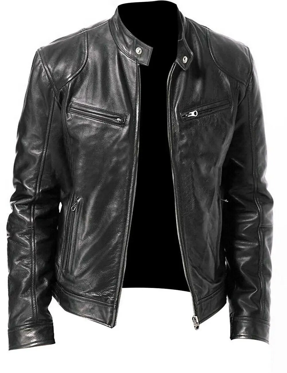 Winter Warm Genuine Black&Brown Leather Jacket Fashion Men Slim Fit Biker Motorcycle Stand Collar Slim Zip Jacket