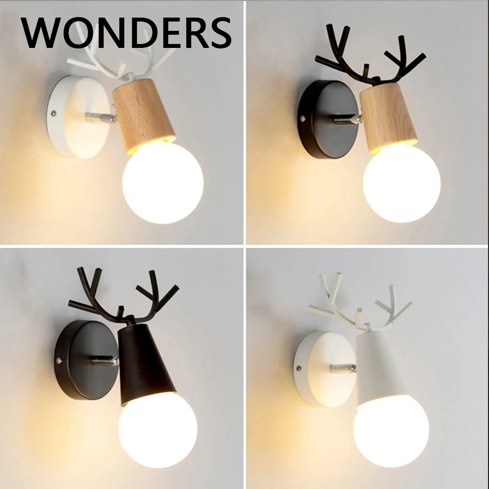 KingJob Nordic Modern Design Deer Antlers Shape Wooden Wall Light with Pull Chain Switch Bedroom Reading Sconce Wall Mounted Children Room Wall Light E27