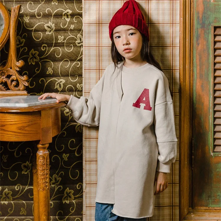 

Autumn And Winter New Style Long Sleeve Pullover Solid Color Printed Letter plus Thick Velvet Girls Dress INS Parent-child Match
