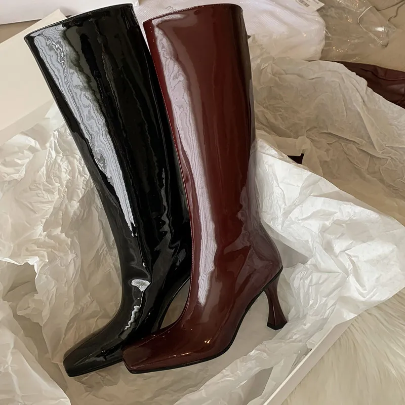 Botas de charol para mujer, botines de tacón alto de aguja, punta cuadrada,  color burdeos, Otoño e Invierno|Botas a media pantorrilla| - AliExpress