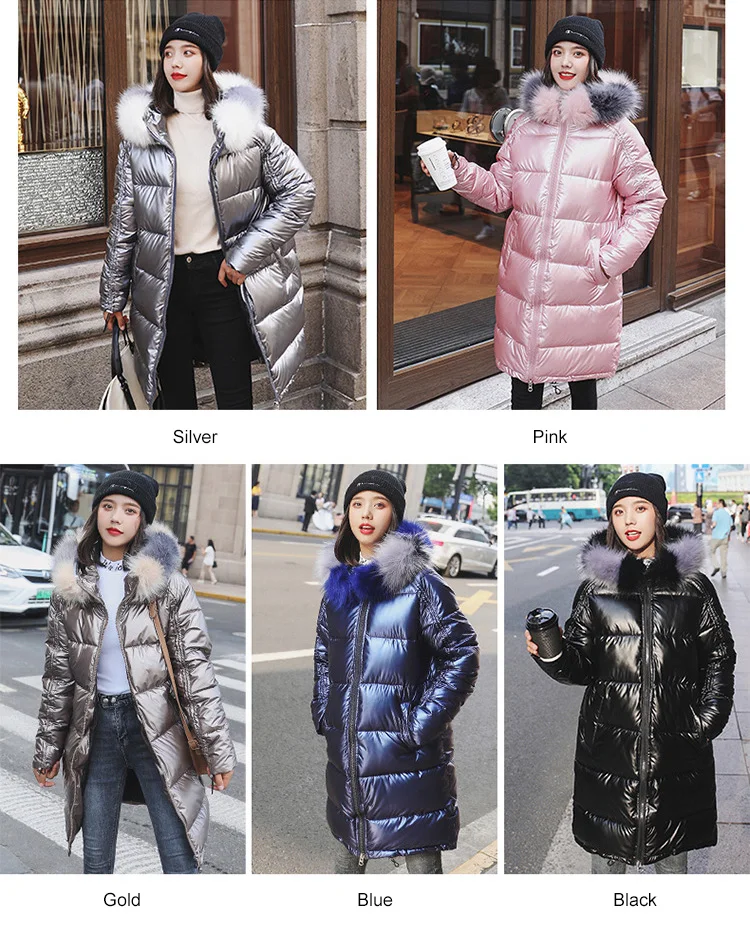 FICUSRONG Fashion Medium Long Glossy Down Parka Womens Winter Jackets Coats Warm Thicken Shining Babric Stylish Fur Ladies Coats