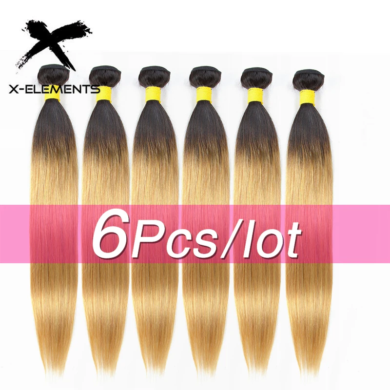 

X-Elements Pre-colored Human Hair Bundles T1B/27 Straight Human Hair Weaves 6 piece Bundles Brazilian Remy Hair Extensions