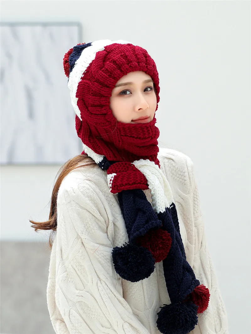 JIUCE043 зима для женщин девочек толстый теплый помпон вязаная шапка+ вязаный шарф набор вязаные Skullies Beanie cap