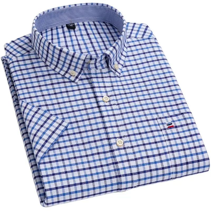 Men Oxford Short Sleeved Shirt 100% Cotton Regular Fit Causal Fashion Stripe Shirts Summer Printed Work Clothing cotton shirt men casual shirt