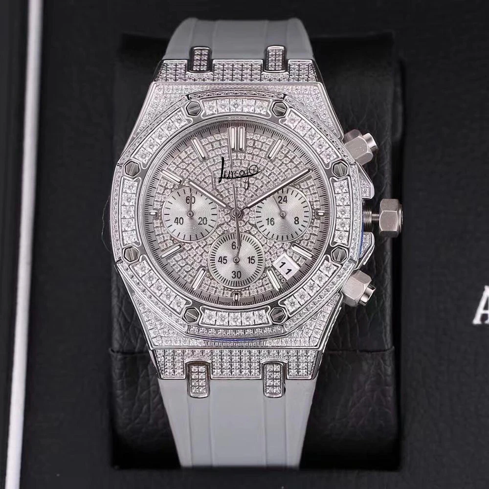 

Top quality Iced out Silver Luxury Brand AP Full diamonds Watch with Box Rubber strap men quartz chronograph works Royal-Oaks