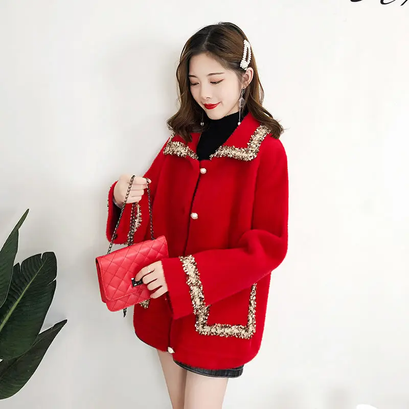 Зимнее женское пальто с воротником-стойкой, длинный рукав, карманы, норковый мех, свитер, женская теплая Повседневная одежда - Цвет: Красный