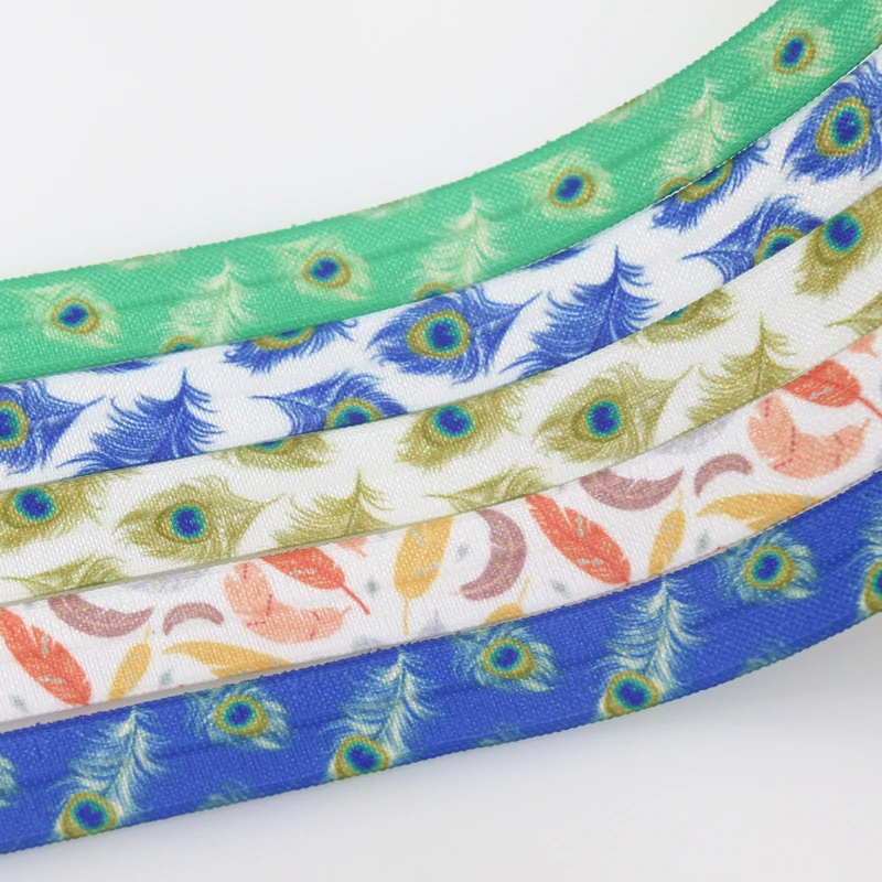 Feather Peacock Printed Fold Elastic FOE Stretch Ribbon Hairbow Headwear Headband DIY 5/8'' 5yards DHK 15mm C1901