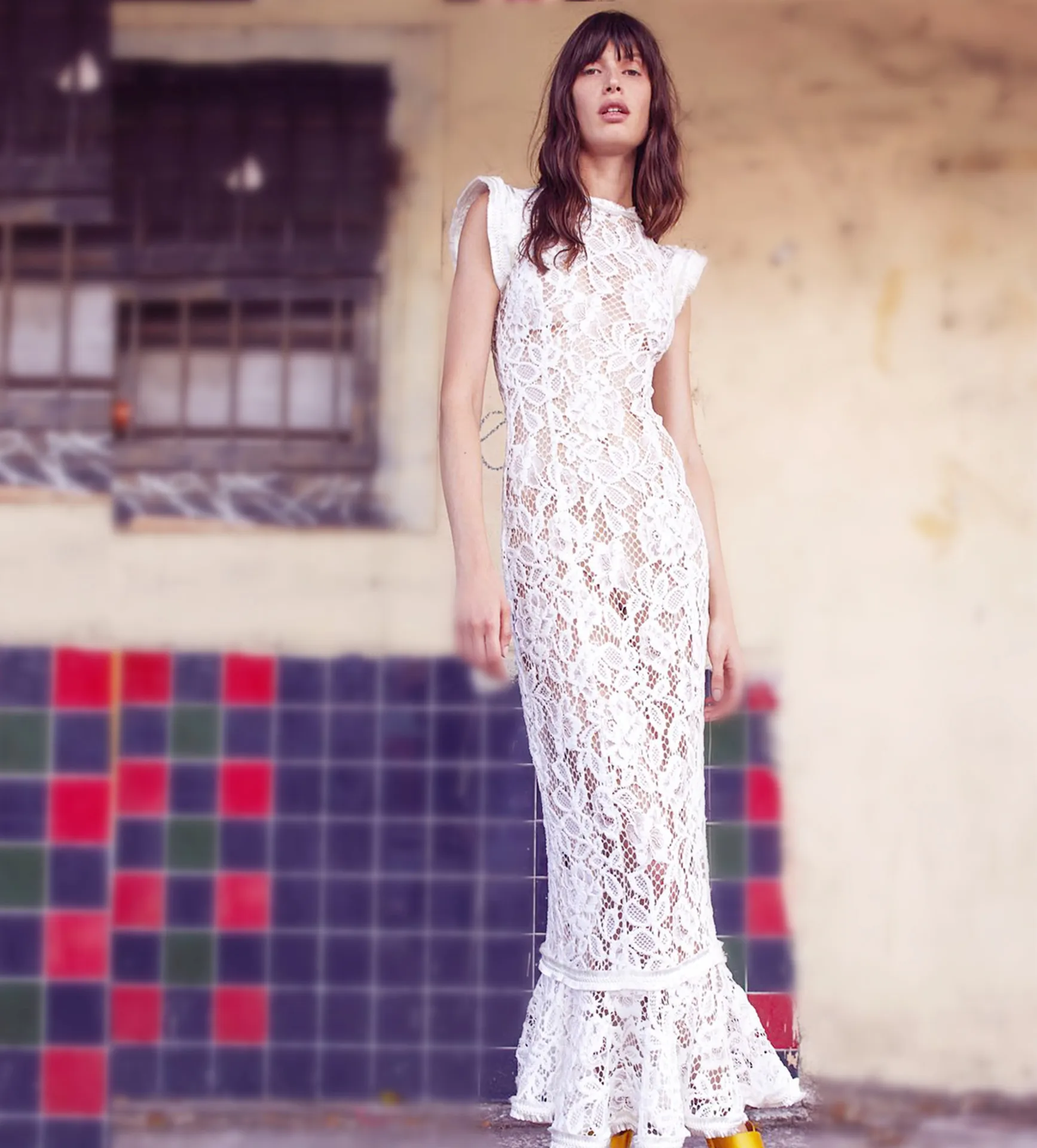 BacklakeGirls White High Neck Lace Cut Out Mermaid Ruffle Sleeves Cocktail Dresses Tea Length Women Cokctail Party Dress