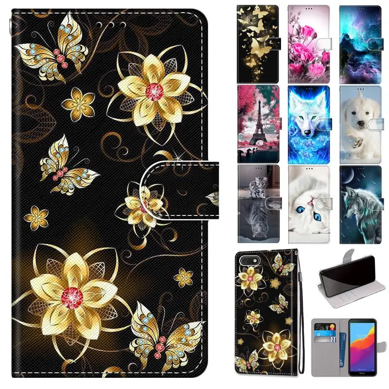 Cute Leather Phone Bags For Cover Huawei Honor 7A 5.45 inch Rose Wallet Case Box Tower Sky for DUA-L22 Flip | Мобильные телефоны и