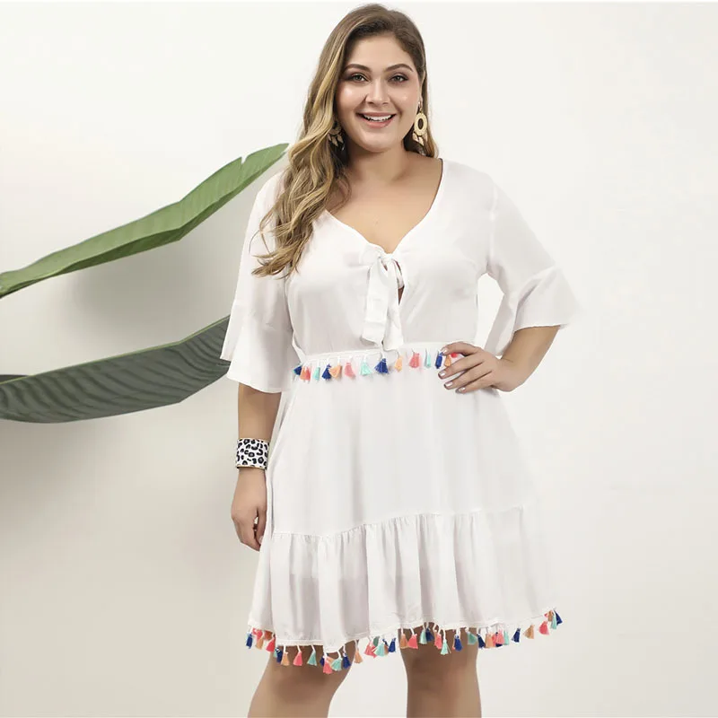 Женское новое летнее платье размера плюс для женщин, большие свободные повседневные плиссированные платья с коротким рукавом и v-образным вырезом, белое 4XL 5XL 6XL 7XL