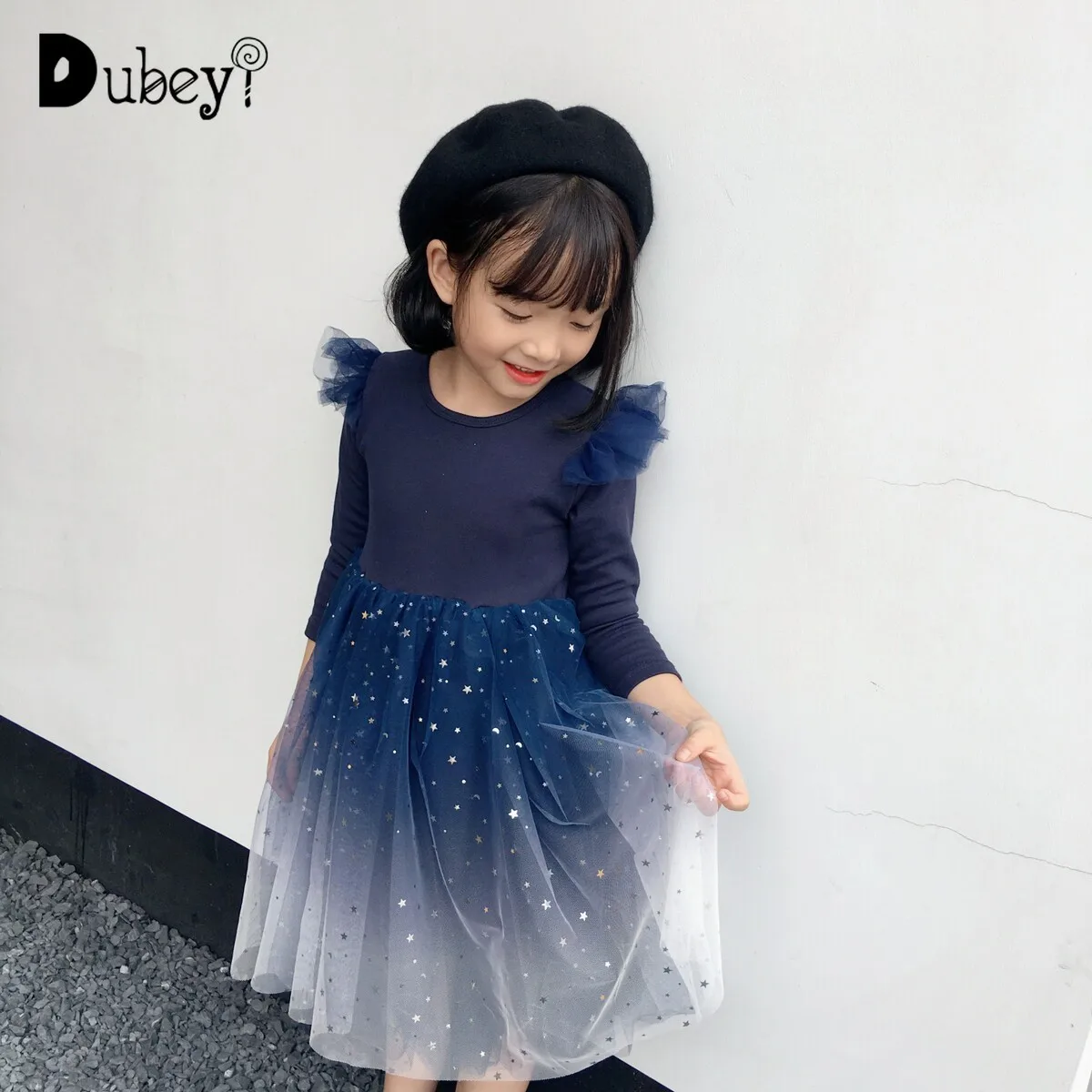 Bing/темно-синее платье для танцев для девочек платье-пачка с длинными рукавами и блестками для детей, модное многослойное платье принцессы, одежда на год