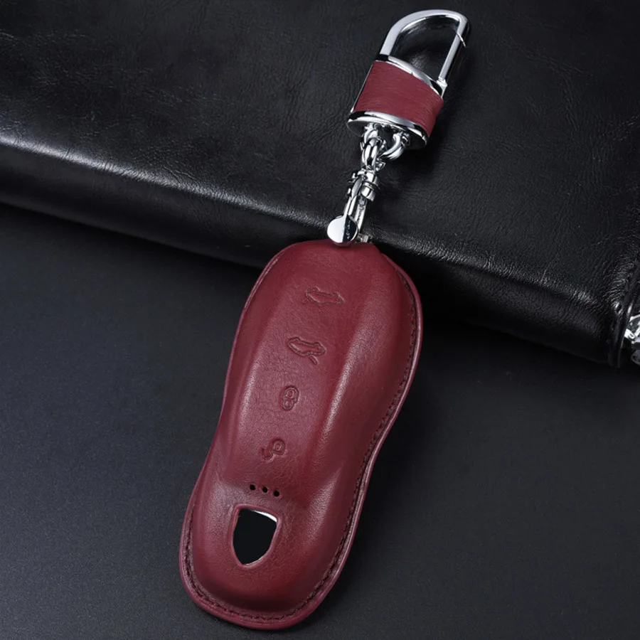 Чехол для ключей из коровьей кожи для автомобиля Porsche Boxster Cayman 911, Panamera Cayenne Macan, Модный чехол для ключей, аксессуары - Название цвета: Red with Keychain