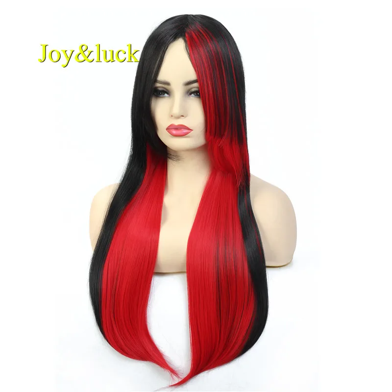 Длинный прямой парик Joy & luck черные смешанные красные цветные синтетические