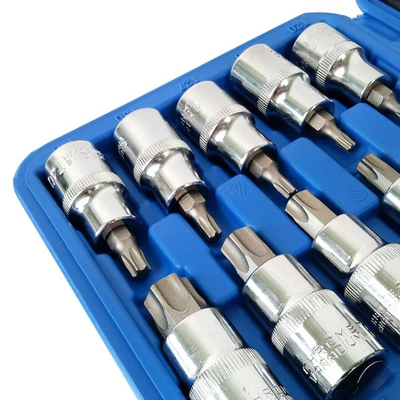 19Pcs Socket Set 1/2 Inch Drive Star Socket Bit Socket Set External E10- E24 Torx T20- T70 Socket Pressure Batch Set
