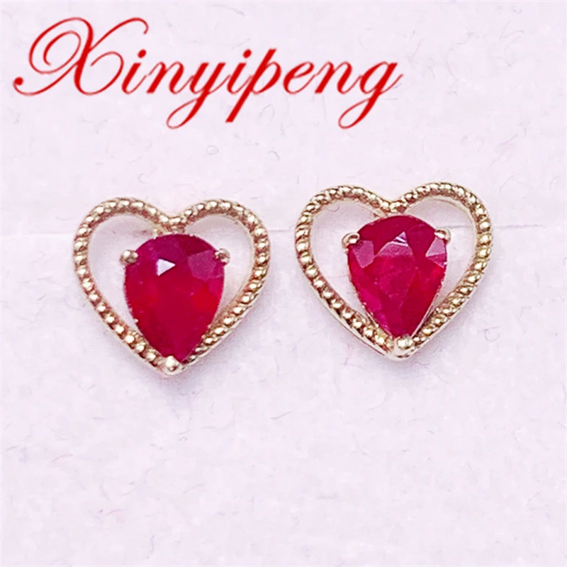 

Xin Yipeng Real 18K Yellow Gold Inlaid Natural Ruby Earrings Fine Gemstone Jewelry Valentine's day Wedding Gift for Women