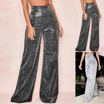 

NIBESSER Women's Wide Leg Shiny Pant Fashion Bright Silk High Waist Trousers Female Comfortable Homewear Casual Long Pants 2020