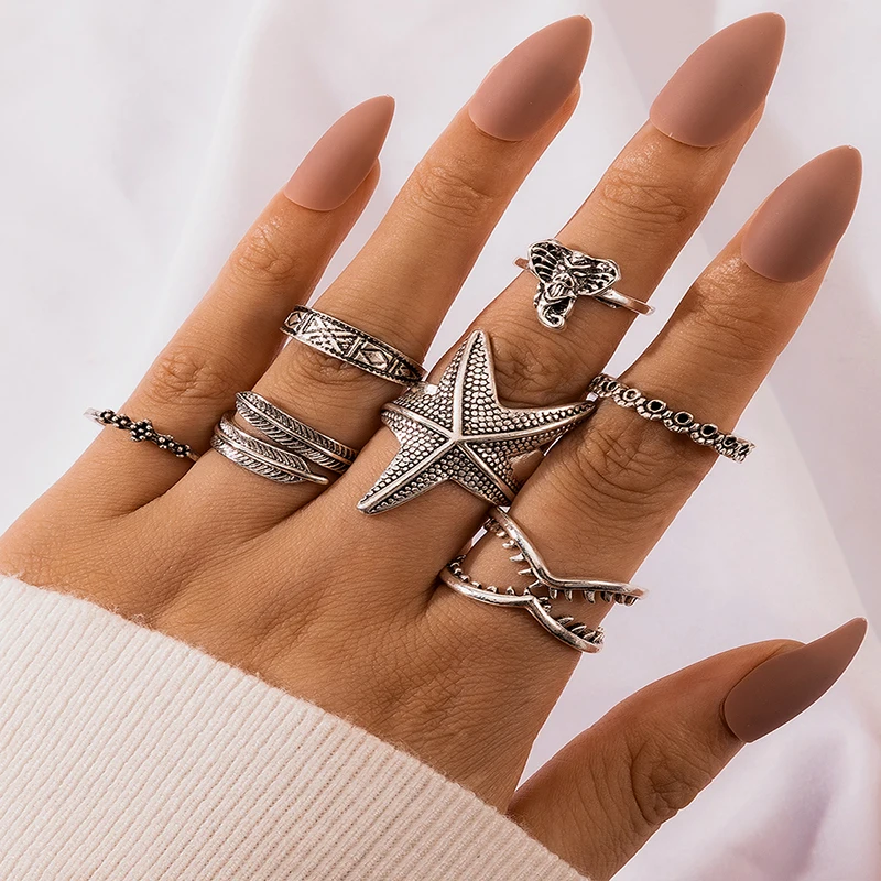 

docona Bohemia Starfish Elephant Rings Set for Women Silver Color Leaves Geometric Finger Rings Jewelry Anillos 6pcs 16545
