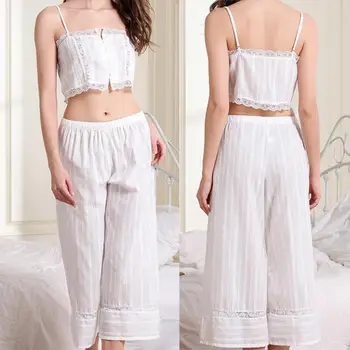 

Sexy Women Lace Brim Crop Top Loose Wide Leg Capri Pants Pajama Set Femme 2 Pieces Sets Homewear