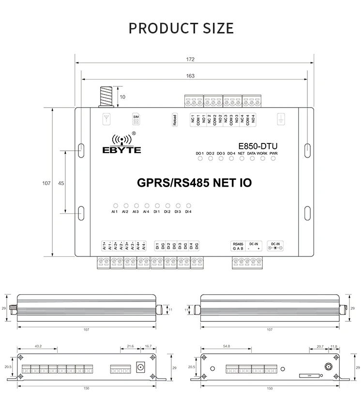 E850-DTU(4440-GPRS) GRPS модем ModBus RTU TCP 12 канальный сетевой IO контроллер RS485 интерфейс