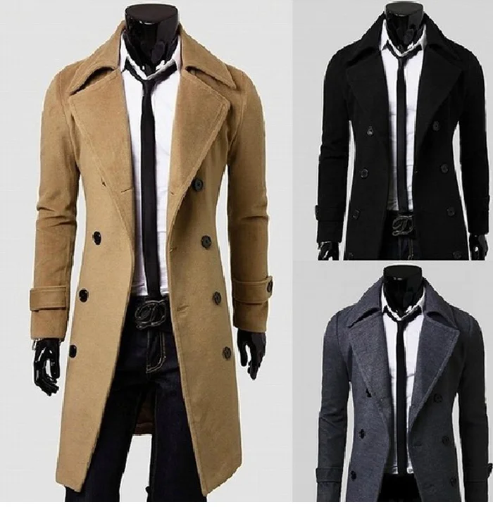 Long Slim Men Wool Trench Coat Double-breasted Lapel Windbreaker Male Fashion Autumn Winter Coat Long Design Trench Male