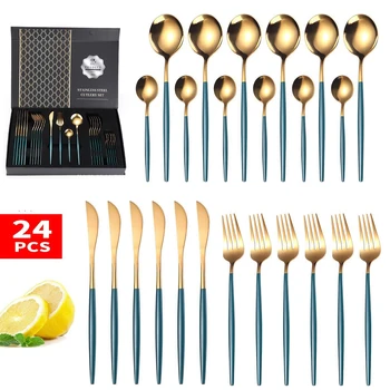 

24Pcs Stainless Steel Dinnerware Set Gold Cutlery Spoon Fork Knife Set Cutlery Box Western Tableware Silverware Tableware Set