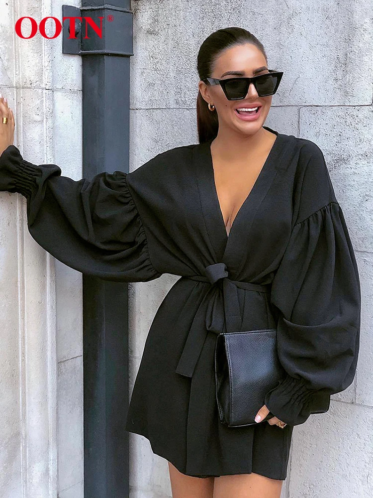 

OOTN Sexy V-Neck Frill Women Wrap Dress Lantern Long Sleeve Lace Up Belt Vintage Mini Dress Autumn Female Office Black Vestidos