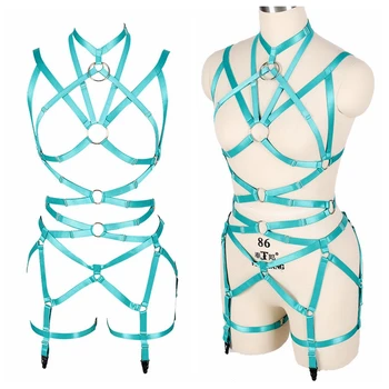 

Plus Size Body Harness Strappy Lingerie Set Blue Tops Cage Bra Sexy Waist Garter Belts Buckle Goth Punk Balls Rave Wear Women