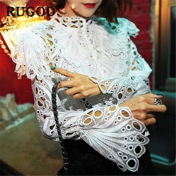 

RUGOD 2020 White party women blouse Elegant hollow out stand collar office ladies wear with the sling 2020 spring blouses female