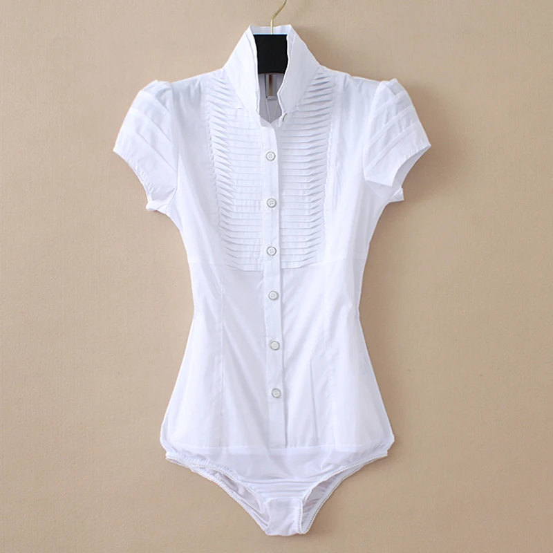 Blouse Black Pleated-Bodysuit Short-Sleeve White Shirt Ladies Tops Formal Plus-Size Women