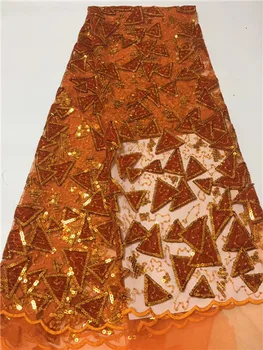 

High Quality latest African Laces 2019 orange Color Fabric French Velvet Lace Fabric With Sequin For Party Dress