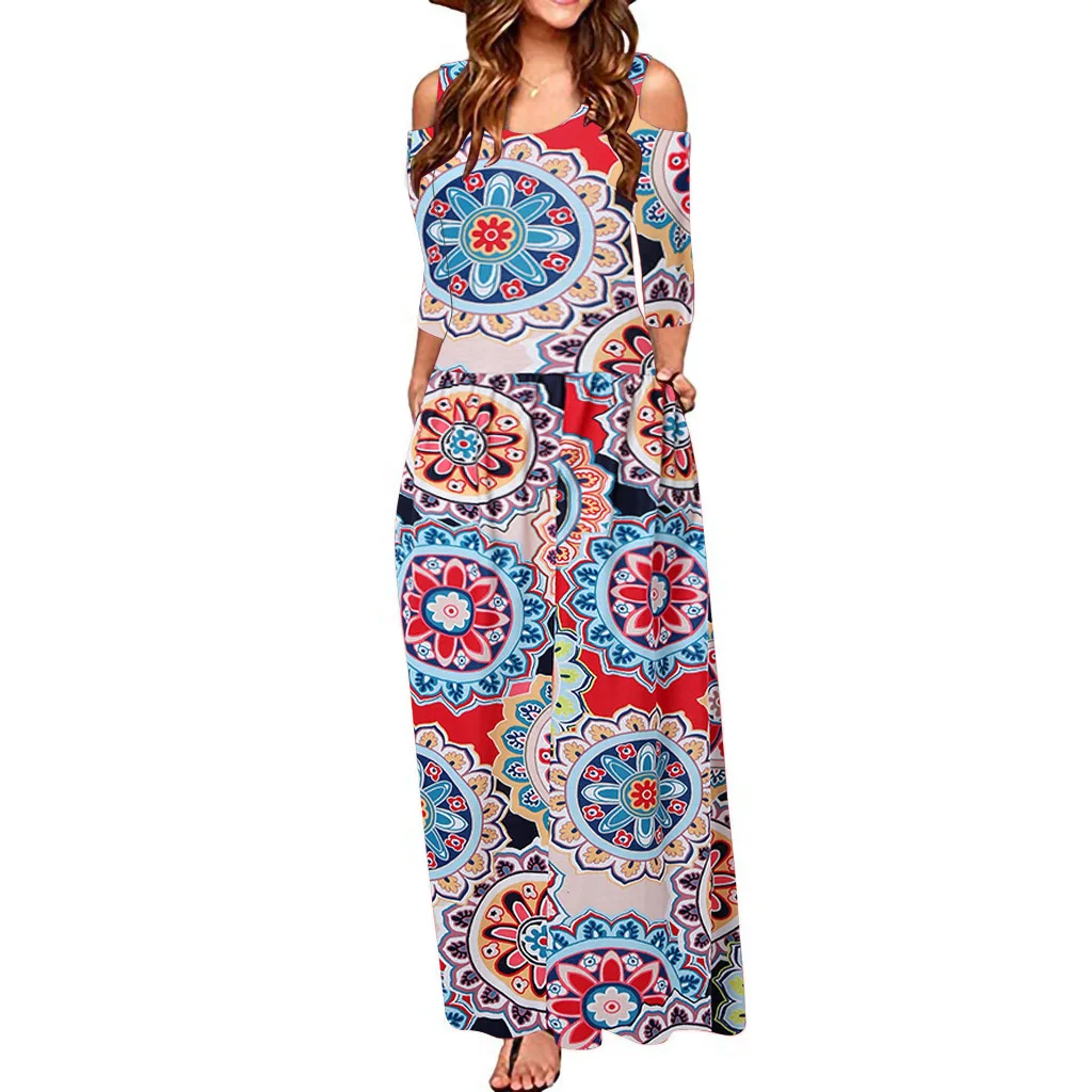 Red Maxi Dress Длинное женское платье с цветочным принтом, модное сексуальное повседневное Макси платье с открытыми плечами, богемное пляжное вечернее платье, женские платья - Цвет: Red Maxi Dress