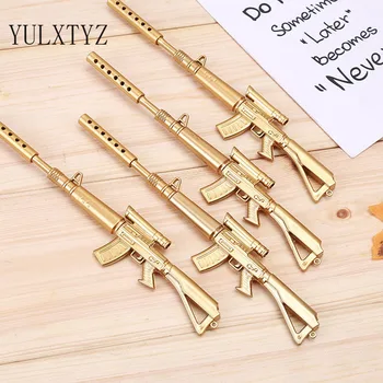 

2pcs/lot Toy Gun Shape Gel Pen Novelty 0.38mm Golden Plastic Writing Pen Black Ink Rifle Pen for Kids Game Toy Korean Stationery