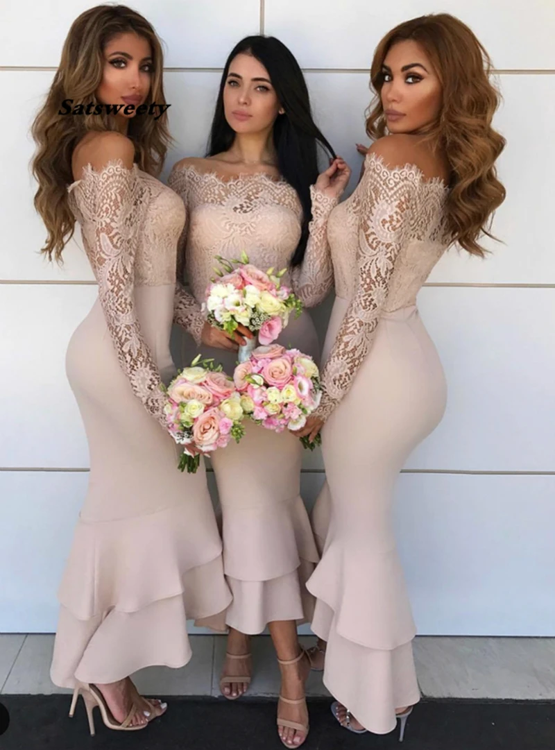 voltaje gerente esculpir Vestido De dama De honor Sexy, Vestido De fiesta De casamiento, sirena,  rosa, hombros descubiertos, manga larga, satén, encaje, para dama De honor| Vestidos para dama de honor| - AliExpress