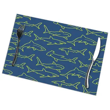 

Table Mats Drink Coaster Table Placemats Swimming Sharks Navy Print Coffee Mug Cup Coasters 6 PCS Non-slip Pads