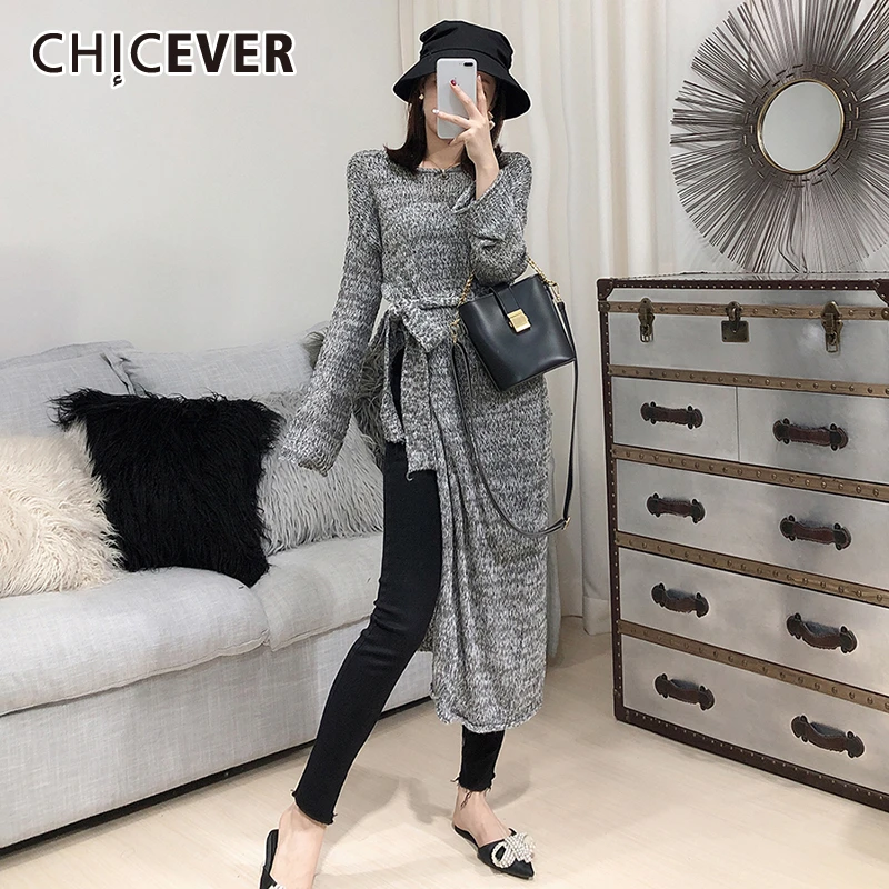 

CHICEVER Lace Up Bowknot Knitted Sweater Women O Neck Long Sleeve Side Split Casual Long Sweaters Female 2019 Autumn Fashion New