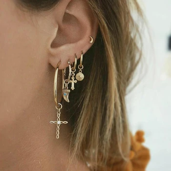 

5 Pcs/set Punk Cross Crescent Star Earrings For Women Gold Drop Dangle Earring Set Jewelry Earrings For Women Luxury