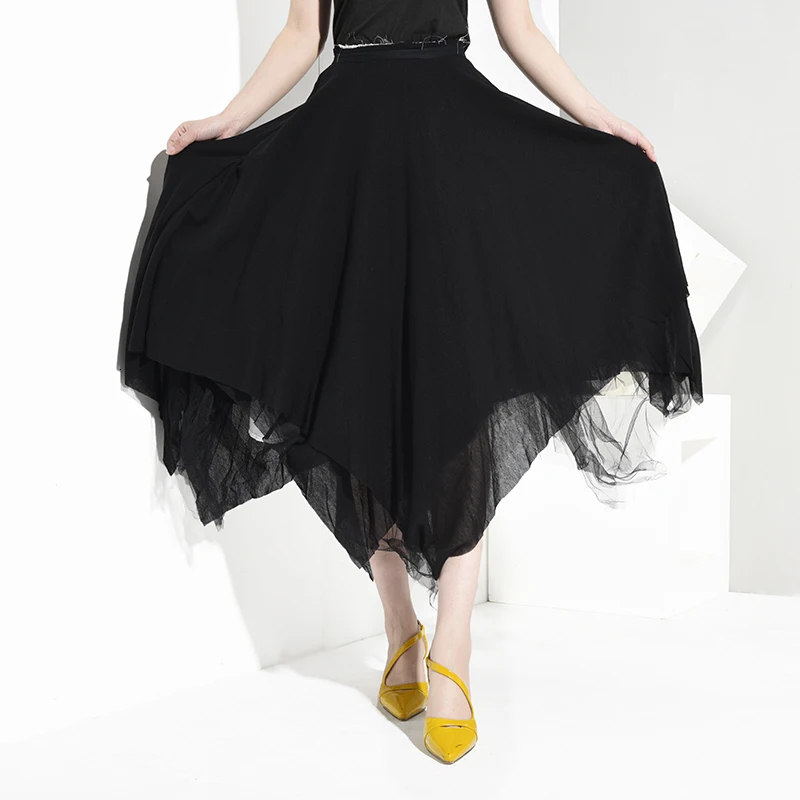 [EAM] черная Асимметричная многослойная сетчатая юбка с высокой талией и заусенцами, черная женская модная одежда, новинка, весна-осень, LA9270