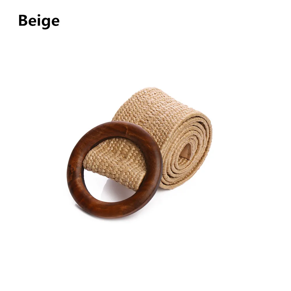 beige 1 шт., женский модный Повседневный соломенный ремень, круглая деревянная Пряжка, эластичная талия, цепочка, ожерелье для живота, украшения для тела, платье, рубашка, аксессуары - Цвет: beige