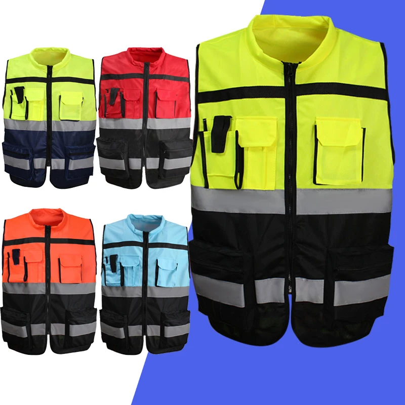High Visibility Zipper Front Safety Vest With Reflective Strips Motorcycle Vest Riding Work Yellow Black Red Blue Orange