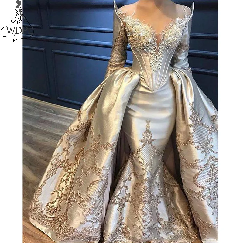 Русалка Overskirt Выпускные платья с длинным рукавом Кружева аппликация бисером вечернее платье со съемным шлейфом Формальное вечернее платье - Цвет: Серебристый