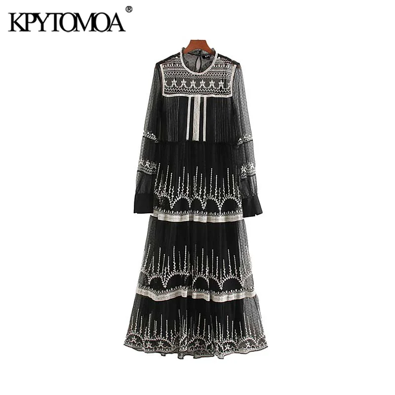 Vintage Stylish See Through Embroidery Mesh Midi Dress Women 2020 Fashion O Neck Long Sleeve Female Dresses Chic Vestidos Mujer Vintage Stylish See Through Embroidery Mesh Midi Dress Women 2020 Fashion O Neck Long Sleeve Female Dresses Chic Vestidos Mujer