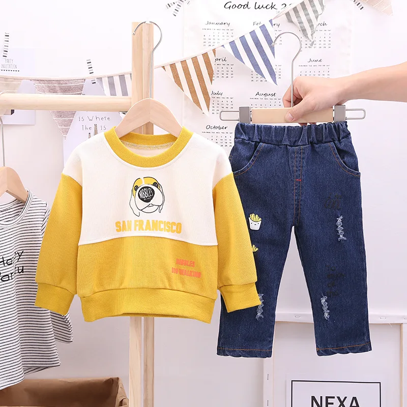 Осень г. корейский мультфильм собака голова из двух частей дети письмо полный Уличная пуловер животных o-образным вырезом хлопок унисекс распродажа