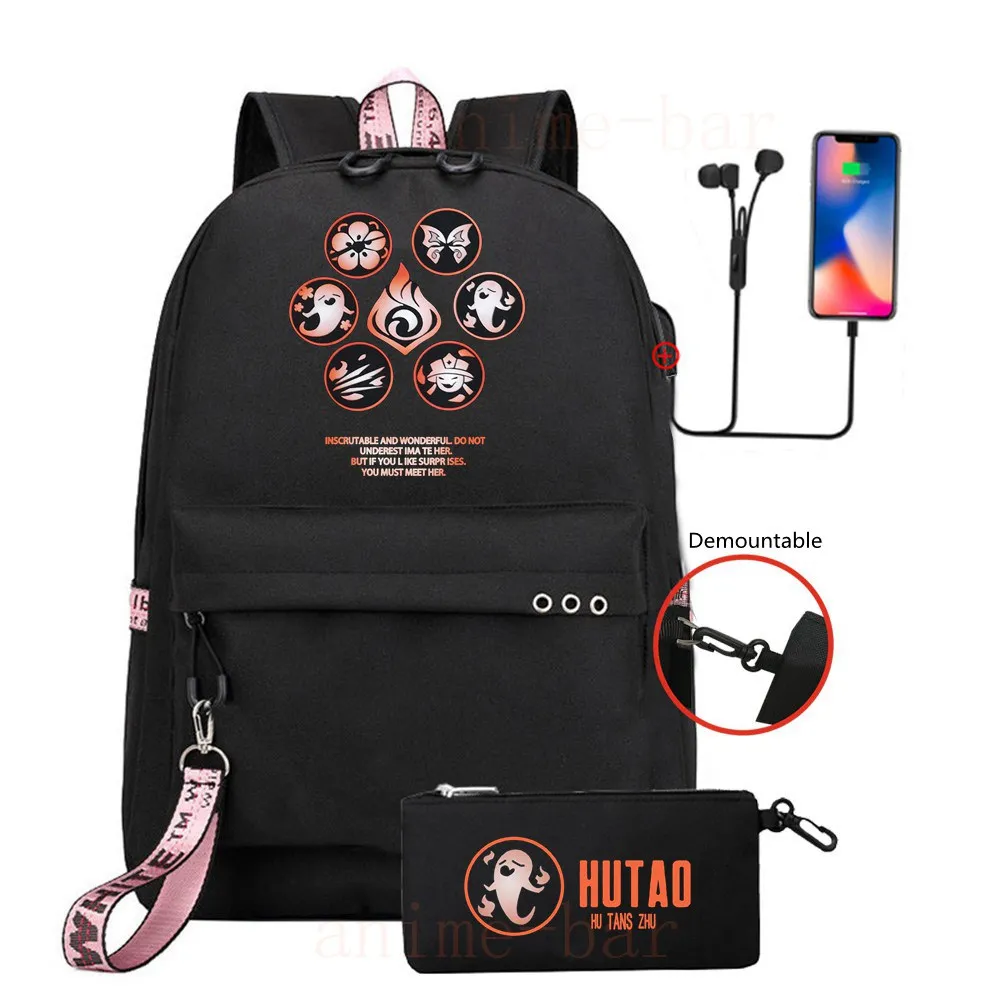 2PCS Genshin Impact HUTAO Backpack + Pencil Cases Student School Bag Bookbag Women Girls Bags USB Travel Shoulder Bags