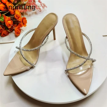

Crystal Rhinestone Cross Narrow Band Slippers Sexy Stiletto Heel Pointed Toe Transparent PVC Summer Runway Shoes Woman