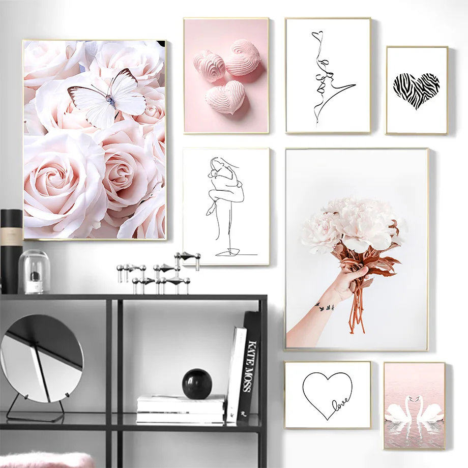 Pink-Rose-Butterfly-Flower-Swan-Line-Art-Wall-Art-Canvas-Painting-Nordic-Posters-And-Prints-Wall