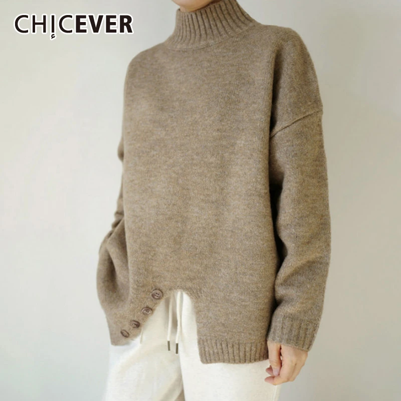 CHICEVER Korean Asymmetrical Sweater Women Turtleneck Collar Long Sleeves Split Knitting Pullover Sweaters Female 2020 Winter | Женская